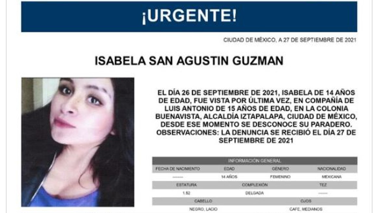 Activan Alerta Amber para localizar a Isabela San Agustín Guzmán
