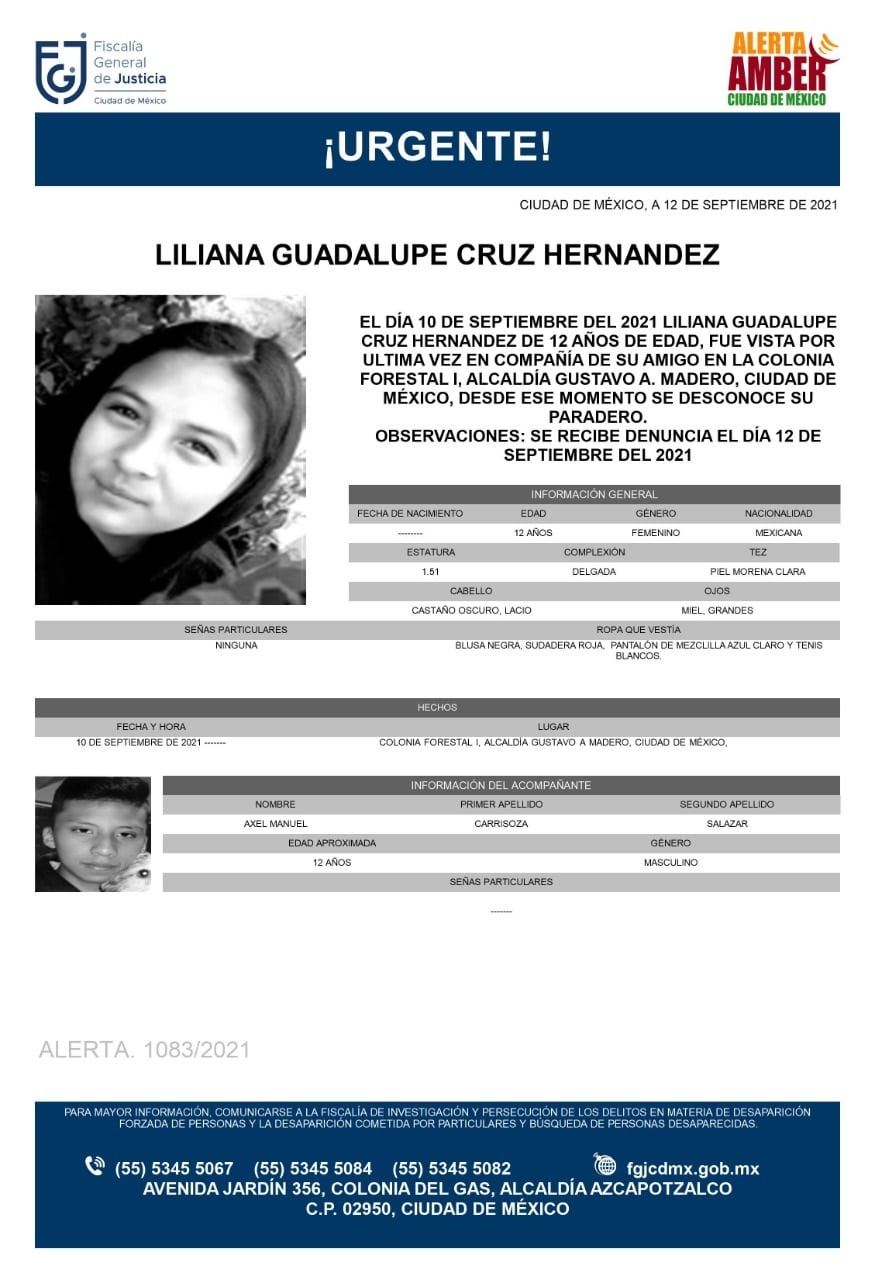 Activan Alerta Amber para localizar a Liliana Guadalupe Cruz Hernández