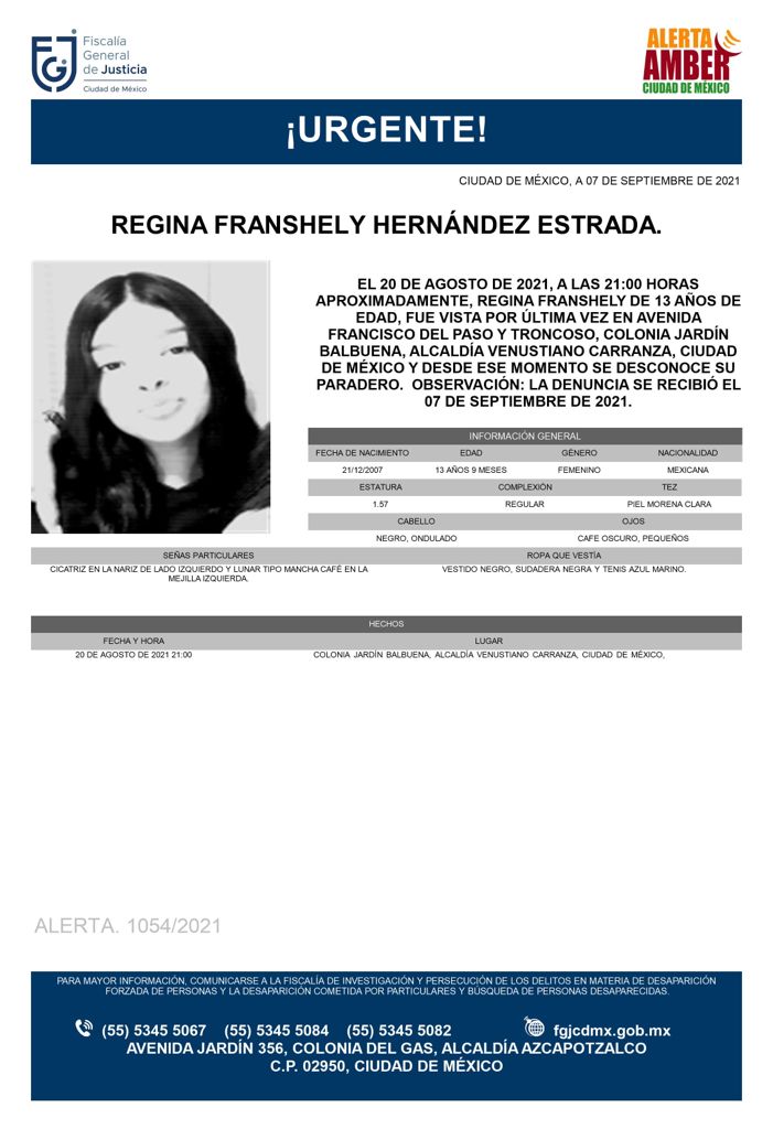 Activan Alerta Amber para localizar a Regina Franshely Hernández Estrada