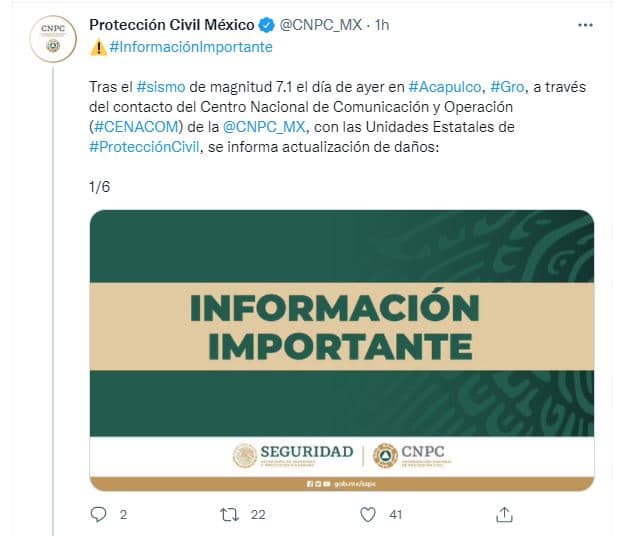 Protección Civil Nacional actualizó los daños provocados por el sismo de Guerrero. Fuente: Twitter @CNPC_MX