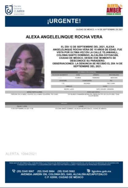 Activan Alerta Amber para localizar a Alexa Angelelinque Rocha Vera.