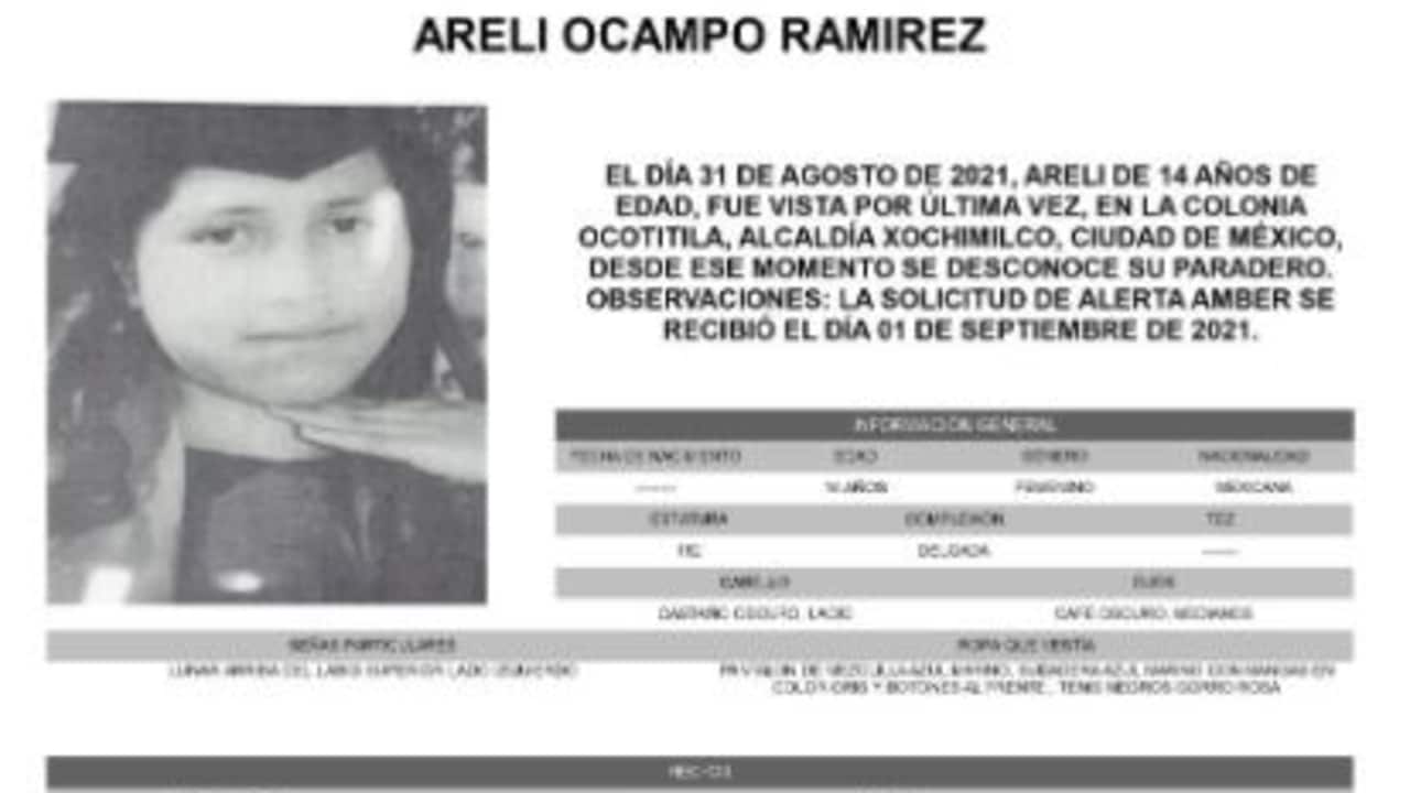 Activan Alerta Amber para localizar a Areli Ocampo Ramírez