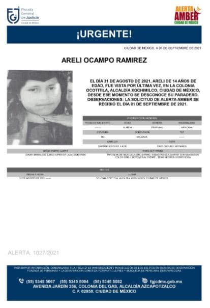 Activan Alerta Amber para localizar a Areli Ocampo Ramírez