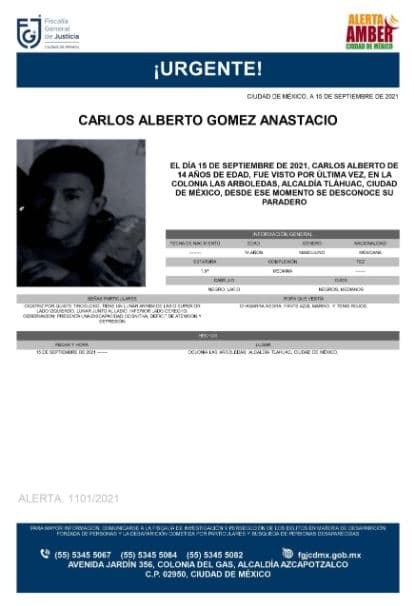 Activan Alerta Amber para localizar a Carlos Alberto Gómez Anastacio