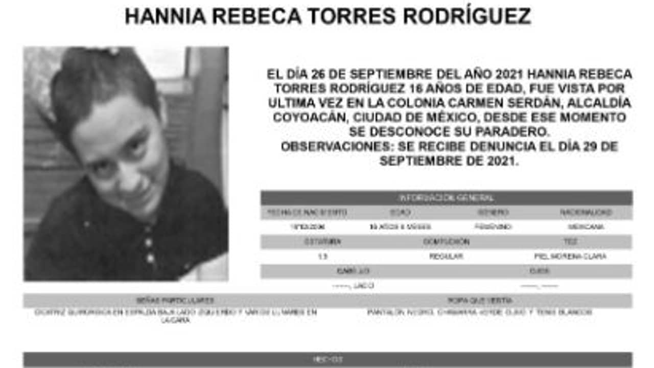 Activan Alerta Amber para localizar a Hannia Rebeca Torres Rodríguez.
