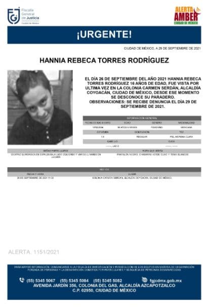 Activan Alerta Amber para localizar a Hannia Rebeca Torres Rodríguez