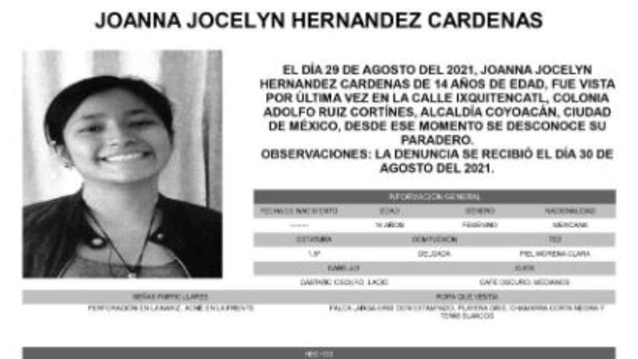 Activan Alerta Amber para localizar a Joanna Jocelyn Hernández Cardenas