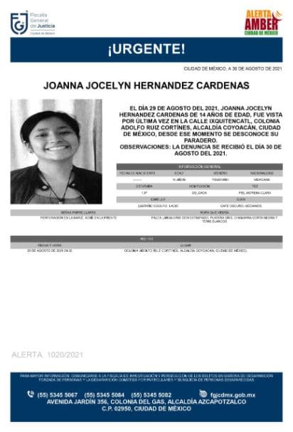 Activan Alerta Amber para localizar a Joanna Jocelyn Hernández Cárdenas