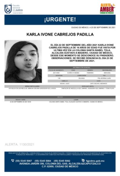 Activan Alerta Amber para localizar a Karla Ivone Cabrejos Padilla. 