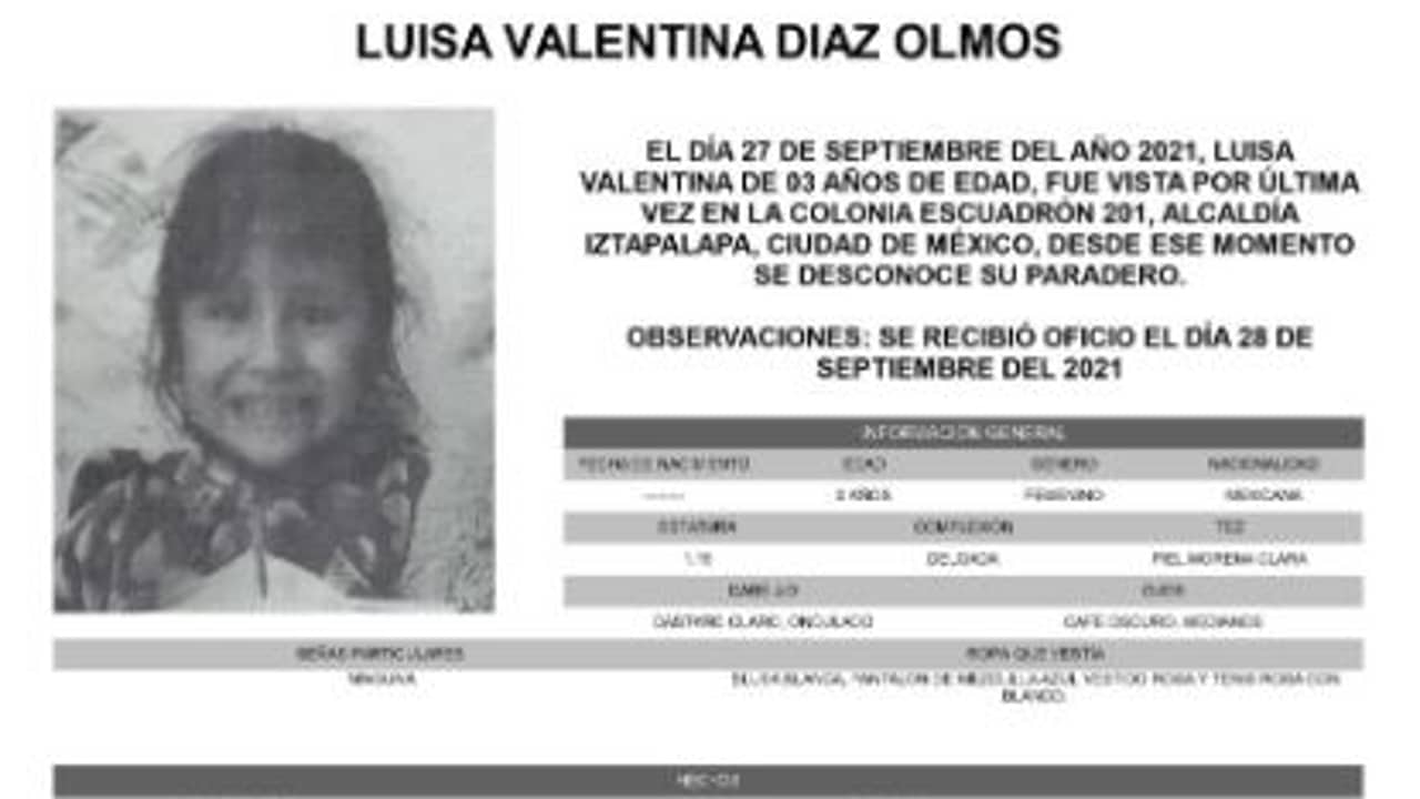 Activan Alerta Amber para localizar a Luisa Valentina Díaz Olmos.