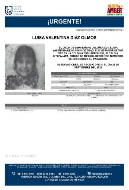 Activan Alerta Amber para localizar a Luisa Valentina Díaz Olmos
