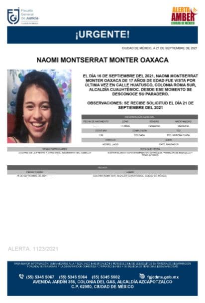 Activan Alerta Amber para localizar a Naomi Montserrat Monter Oaxaca