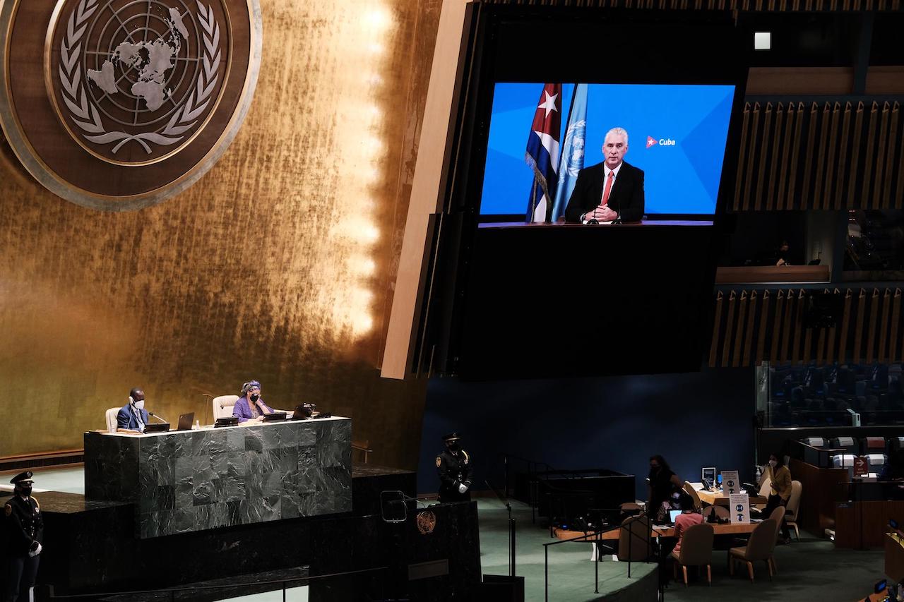Miguel Díaz Canel, presidente de Cuba se dirige en video a la Asamblea General de las Naciones Unidas (Getty Images)