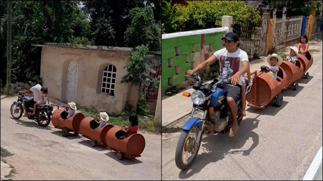 Papá hace tren con barriles para sus hijos en Yucatán