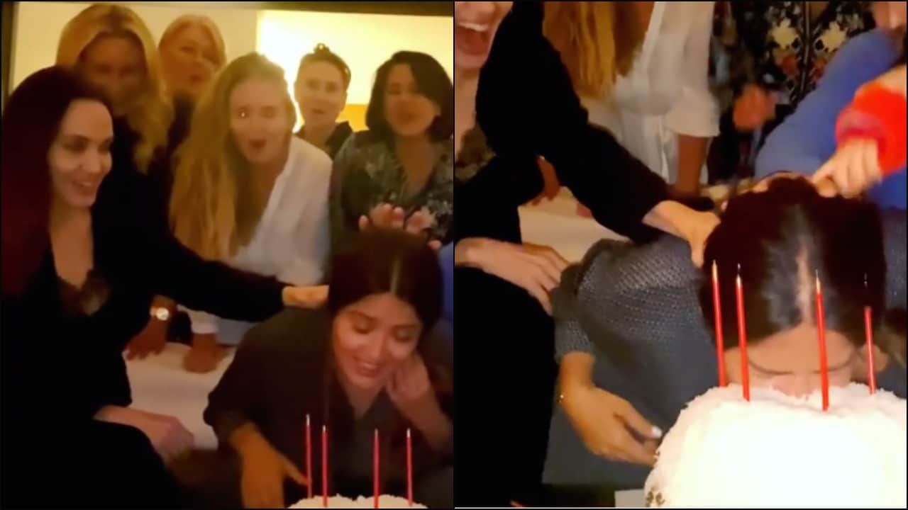 Salma Hayek festeja su cumpleaños con pastel junto a Angelina Jolie