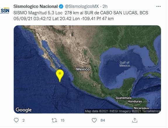 Sismo con magnitud 5.3 sacude Baja California Sur