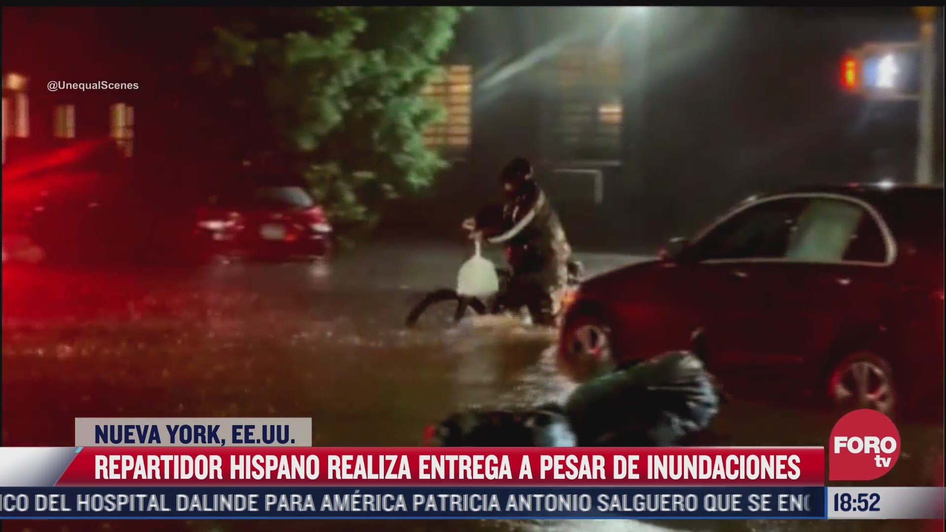 video repartidor hispano entrega pedido a pesar de inundaciones en ny