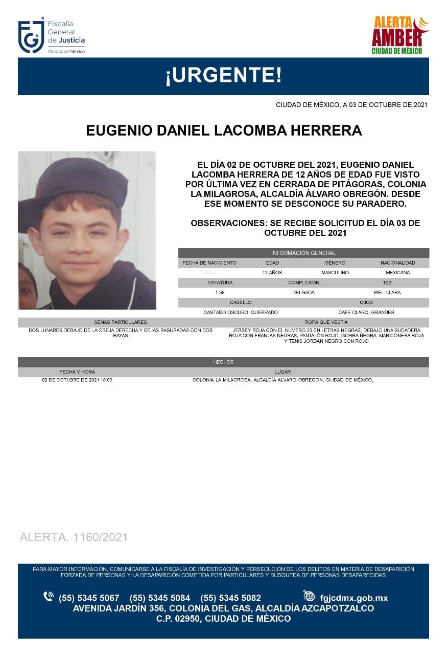 Activan Alerta Amber para localizar a Eugenio Daniel Lacomba Herrera
