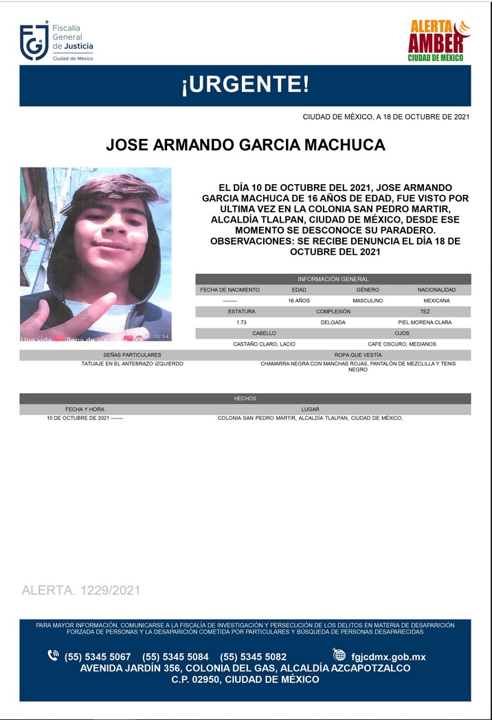 Activan Alerta Amber para localizar a José Armando García Machuca