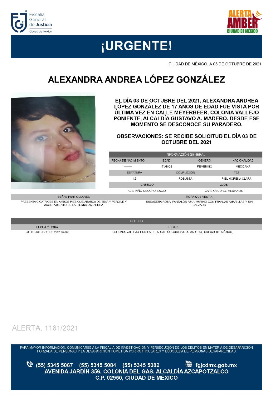 Activan Alerta Amber para localizar a Alexandra Andrea López González