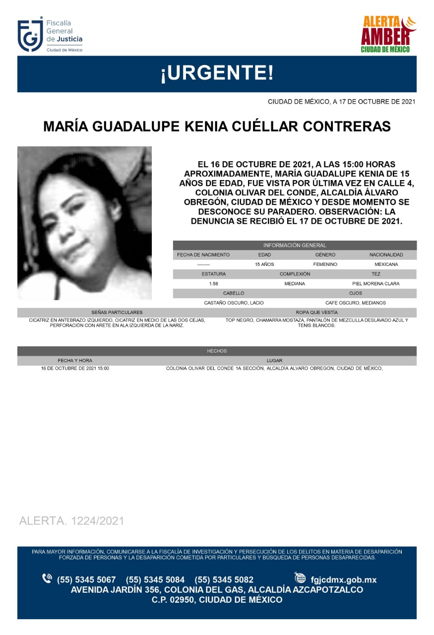 Activan Alerta Amber para localizar a María Guadalupe Kenia Cuéllar