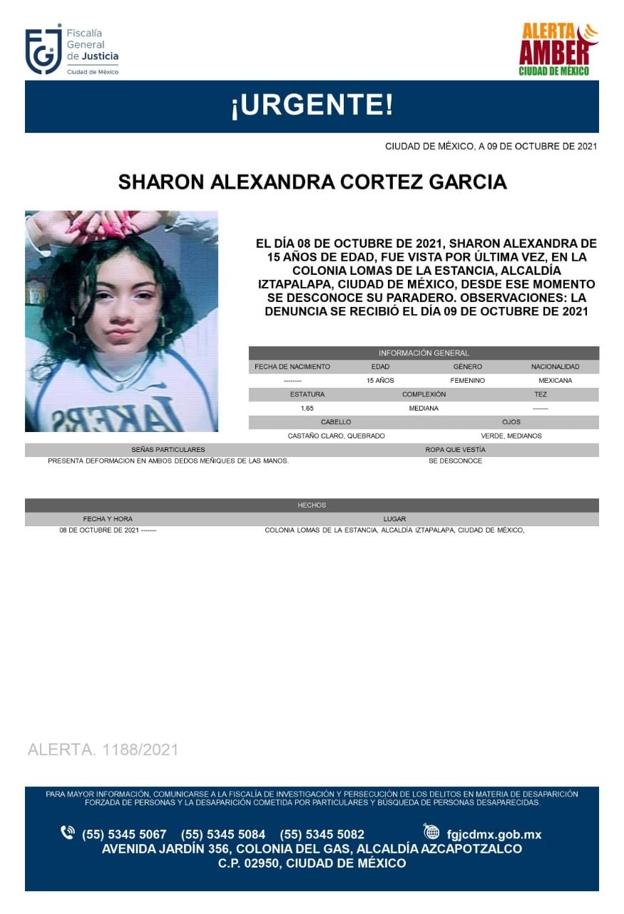Activan Alerta Amber para localizar a Sharon Alexandra Cortez García