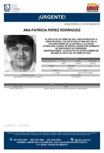 Activan Alerta Amber para localizar a Ana Patricia Pérez Rodríguez