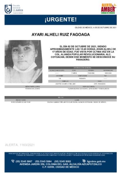 Activan Alerta Amber para localizar a Ayari Alhelí Ruiz Fagoaga. 