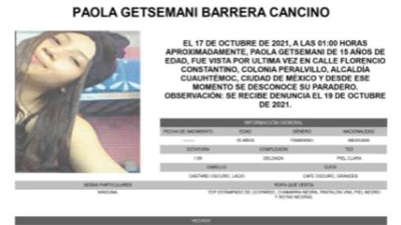 Activan Alerta Amber para localizar a Paola Getsemani Barrera Cancino.