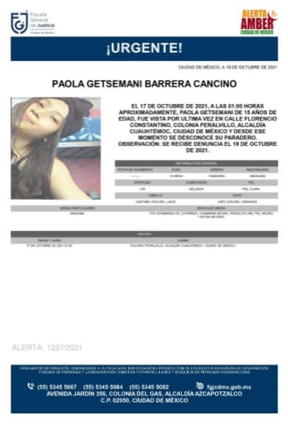 Activan Alerta Amber para localizar a Paola Getsemani Barrera Cancino