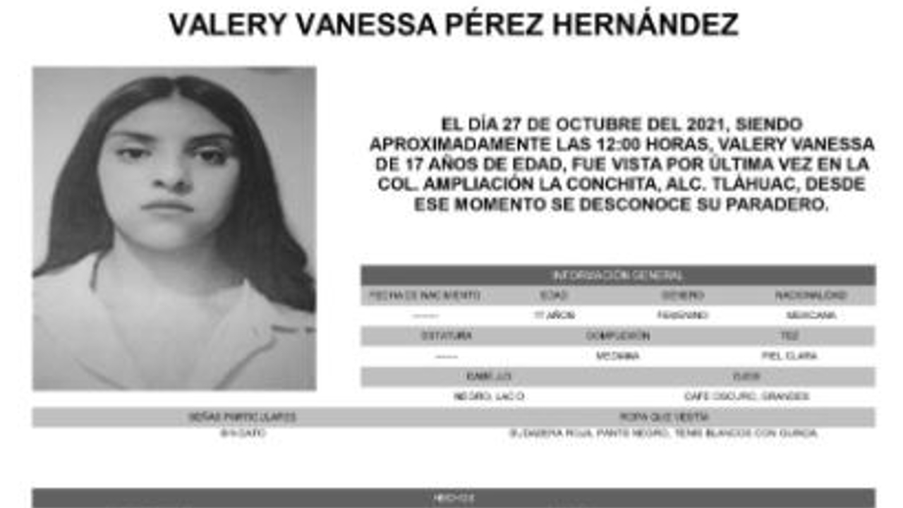 Activan Alerta Amber para localizar a Valery Vanessa Pérez Hernández.