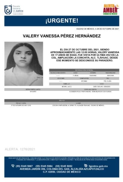 Activan Alerta Amber para localizar a Valery Vanessa Pérez Hernández