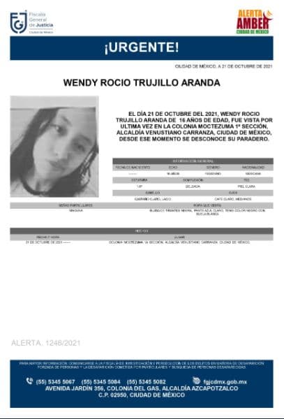 Activan Alerta Amber para localizar a Wendy Rocio Trujillo Aranda