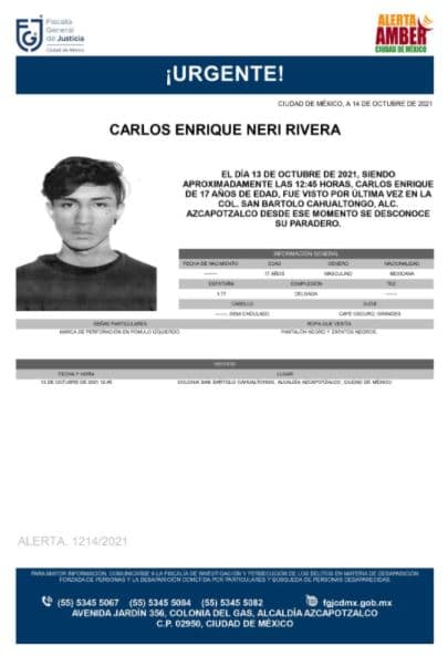 Activan Alerta Amber para localizar a Carlos Enrique Neri Rivera