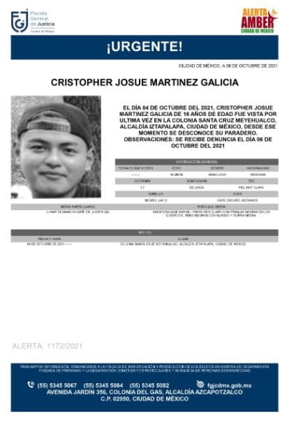 Activan Alerta Amber para localizar a Cristopher Josue Martínez Galicia