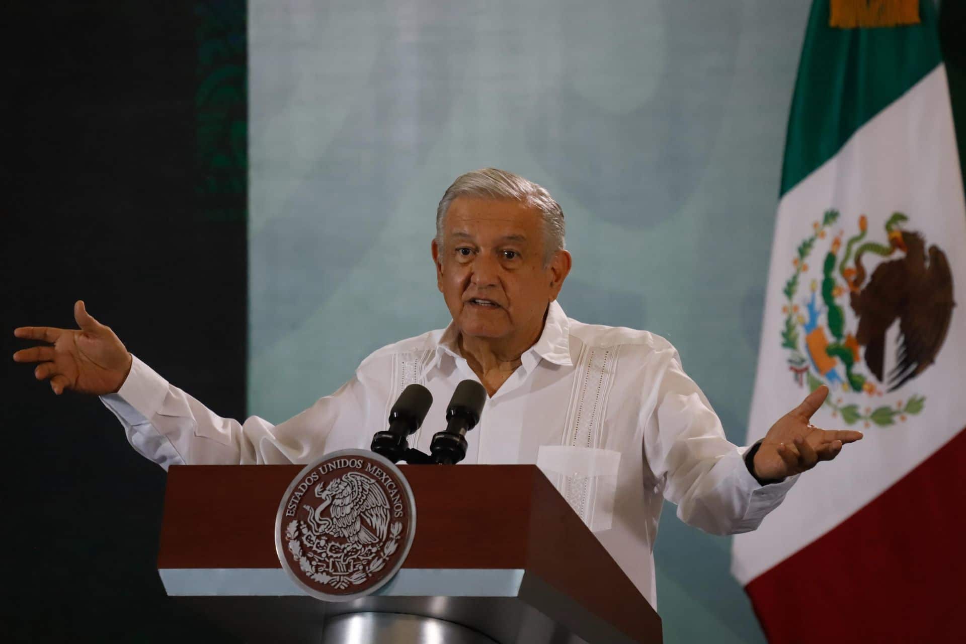El presidente Andrés Manuel López Obrador en su conferencia de prensa matutina desde Mérida, Yucatán