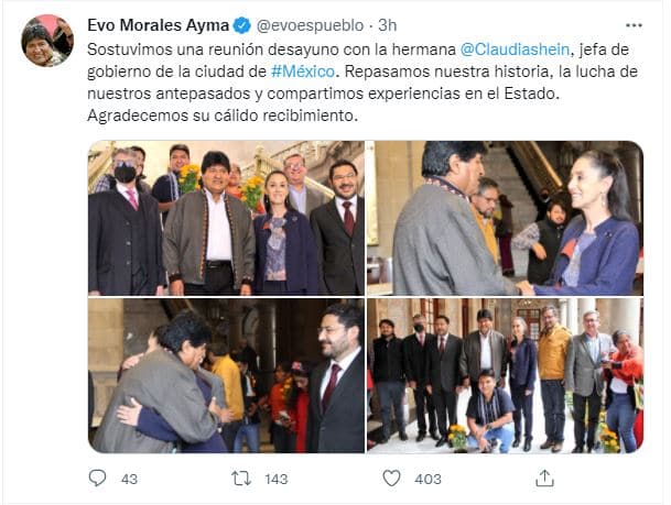 Evo Morales agradeció el "cálido recibimiento" de la jefa de Gobierno de la Ciudad de México