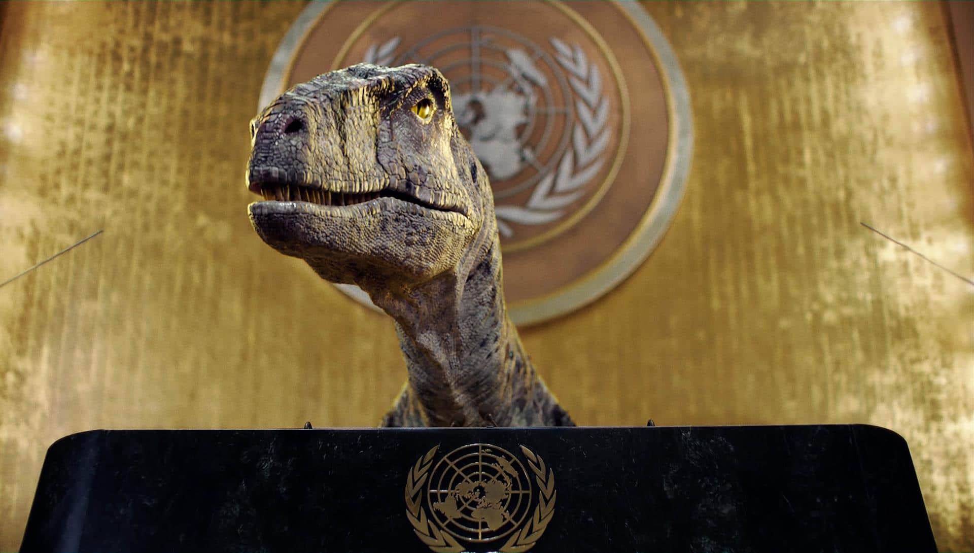 Dinosaurio irrumpe en la ONU, exige a los humanos poner un alto a la extinción