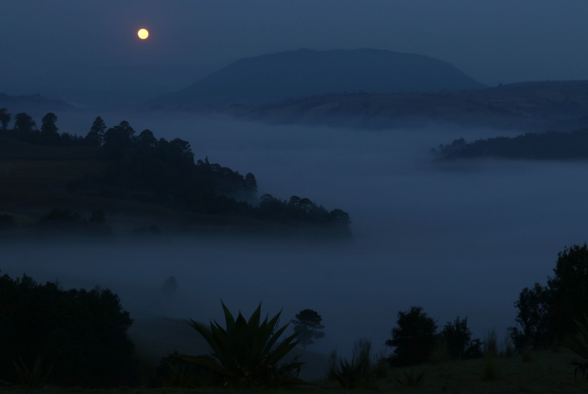 La luna llena adquiere un color naranja en el horizonte durante el amanecer de este día, la imagen tomada en San Pedro Tezontepec.