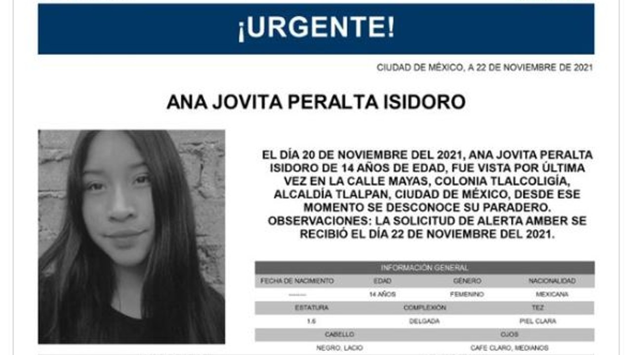 Activan Alerta Amber para Ana Jovita Peralta Isidoro