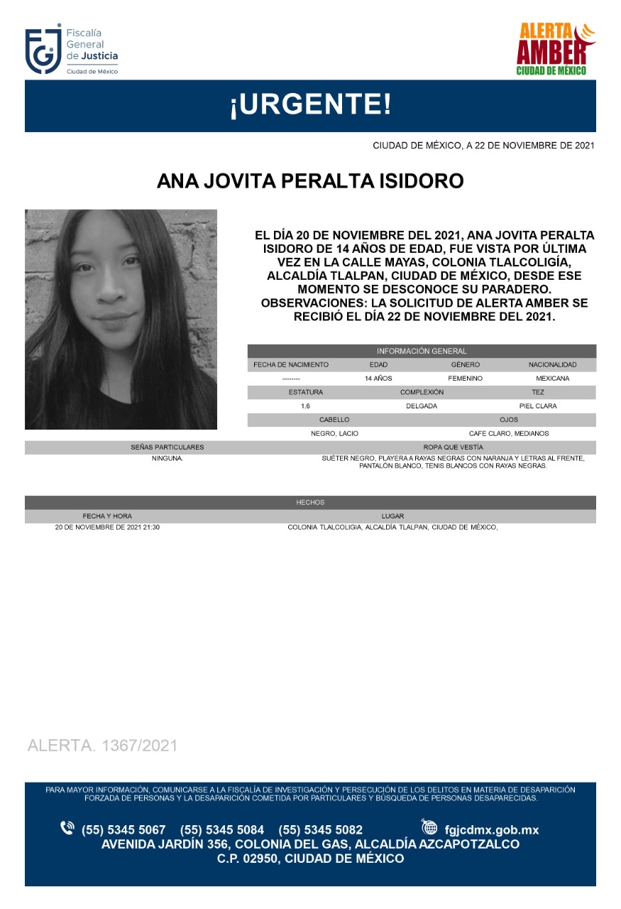 Activan Alerta Amber para localizar a Ana Jovita Peralta Isidoro