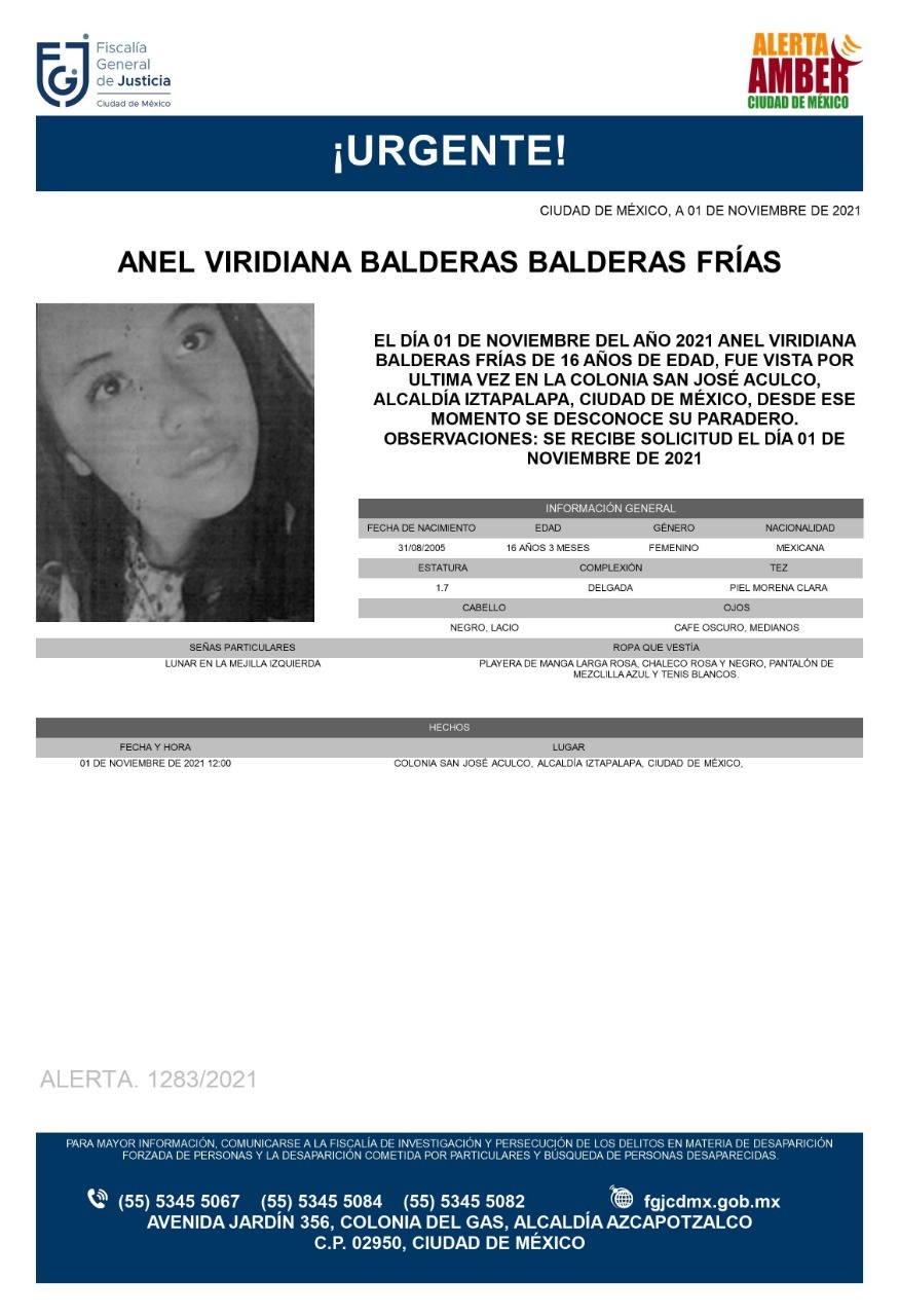 Activan Alerta Amber para localizar a Anel Viridiana Balderas Frías