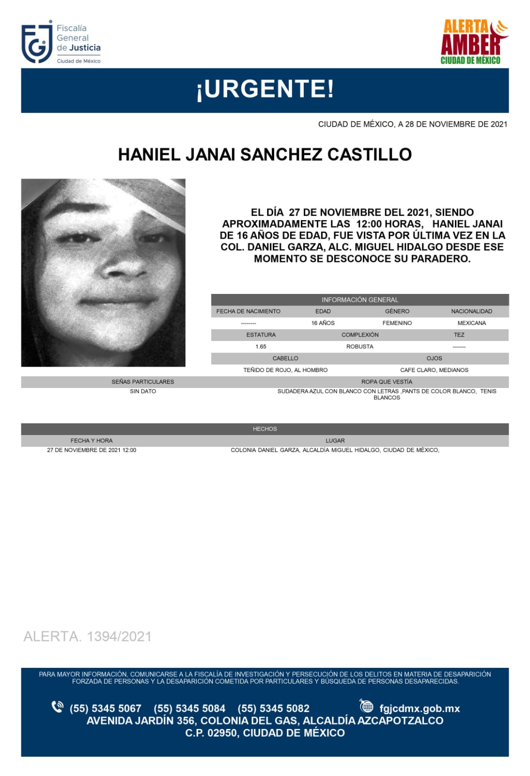 Activan Alerta Amber para localizar a Haniel Janai Sánchez Castillo