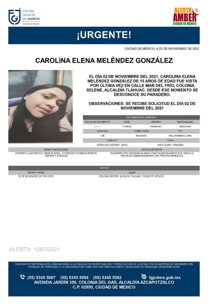 Activan Alerta Amber para localizar a Carolina Elena Meléndez González