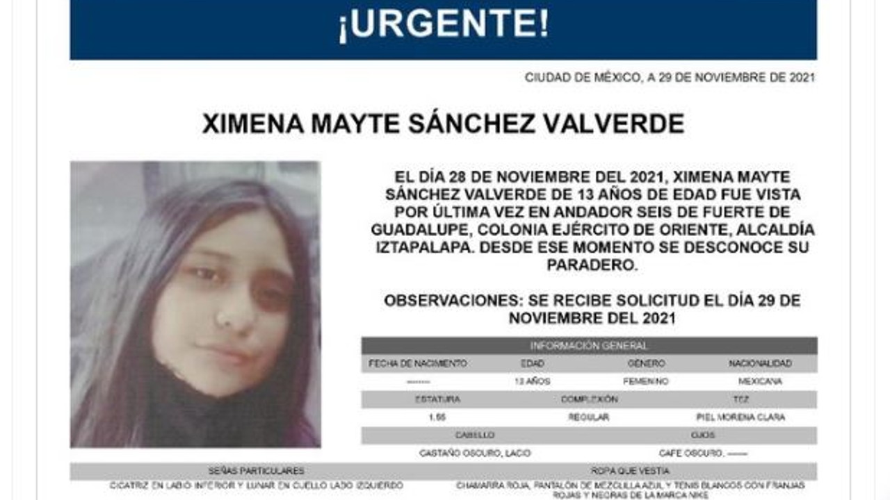 Activan Alerta Amber para localizar a Ximena Mayte Sánchez Valverde