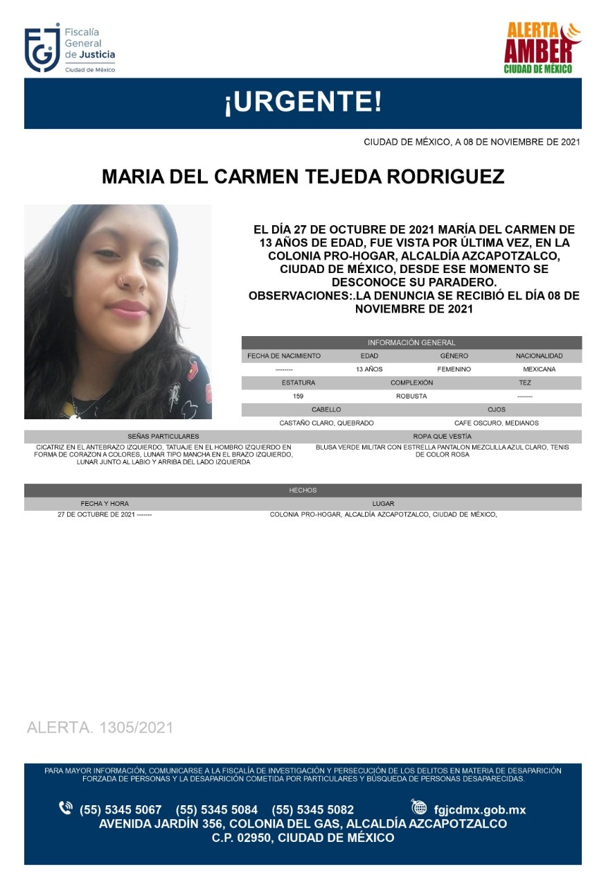 Activan Alerta Amber para María del Carmen Tejeda Rodríguez