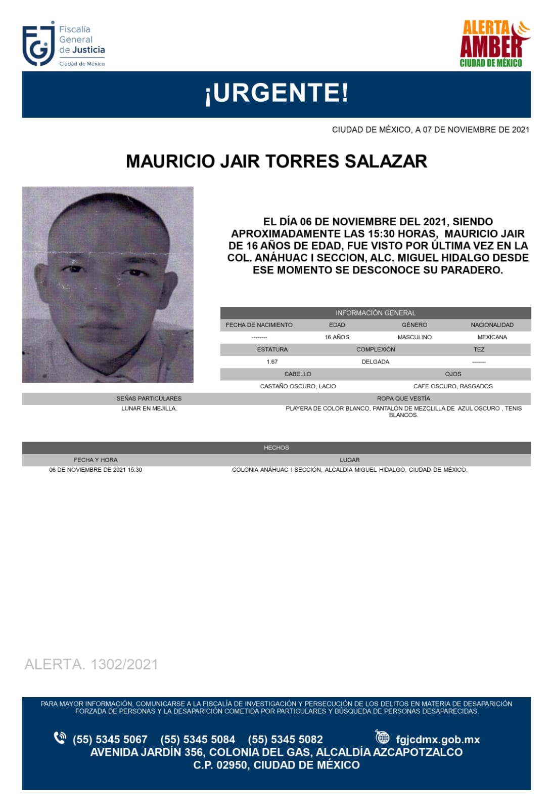 Activan Alerta Amber para localizar a Mauricio Jair Torres Salazar