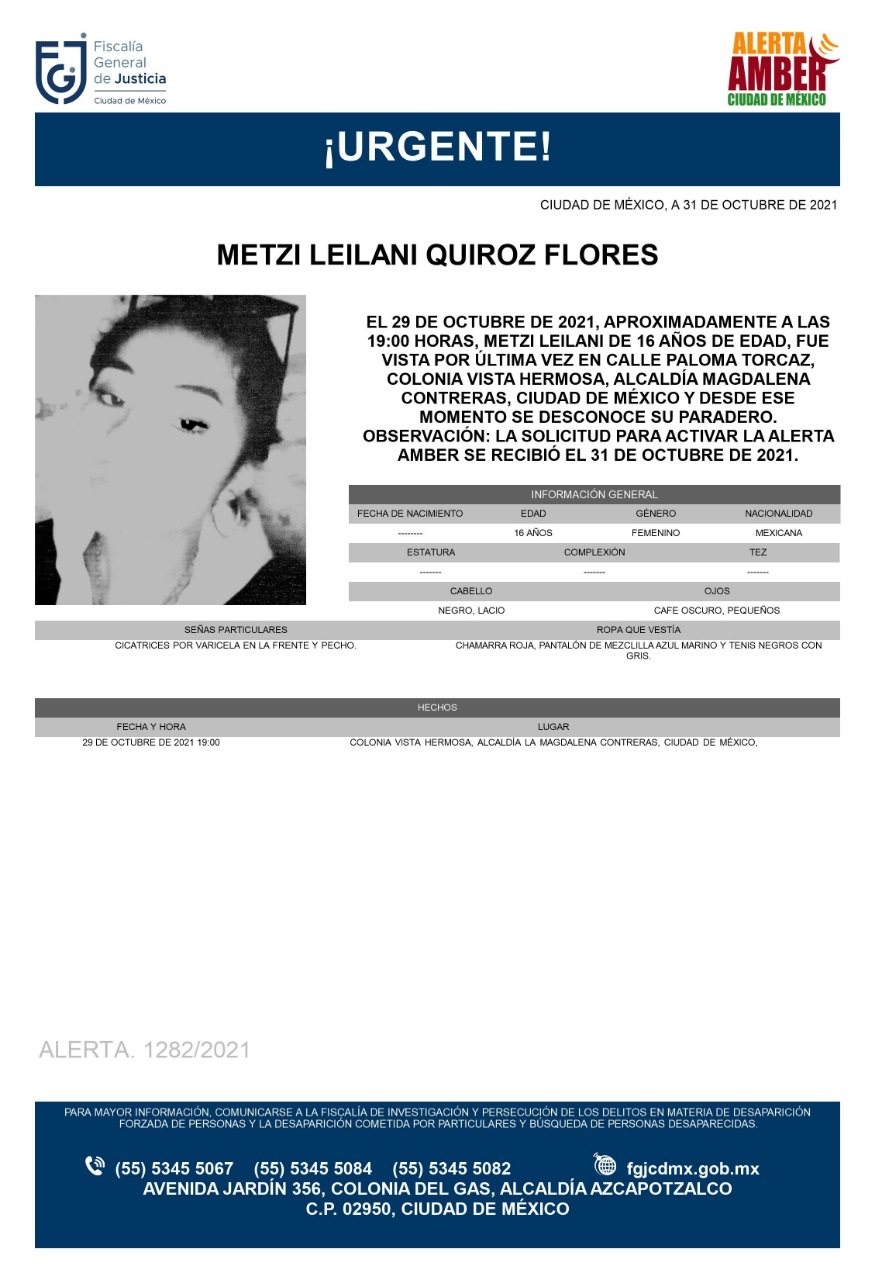 Activan Alerta Amber para localizar a Metzi Leilani Quiroz Flores