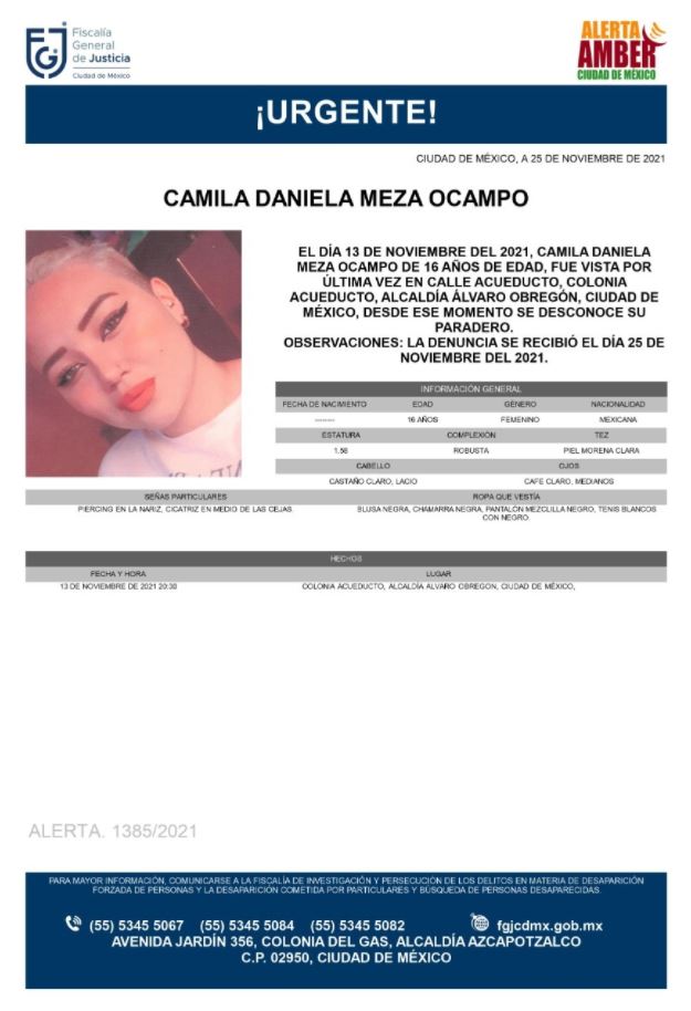Activan Alerta Amber para localizar a Camila Daniela Meza Ocampo
