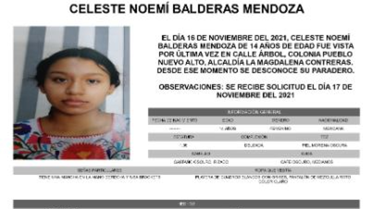 Activan Alerta Amber para localizar a Celeste Noemí Balderas Mendoza.